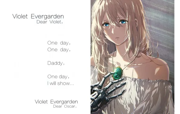 Iron hand, blue eyes, sad, Violet Evergarden, white dress, brooch, text, by Akiko Takase