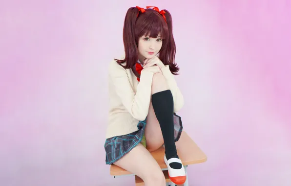 Wallpaper girl, sexy, lingerie, school uniform, panties, long hair, legs, brown hair