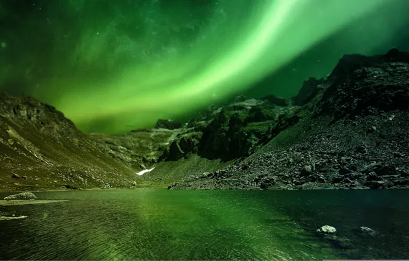 The sky, water, light, mountains, lights, Aurora
