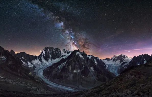 Stars, mountains, glacier, The milky way, meteors