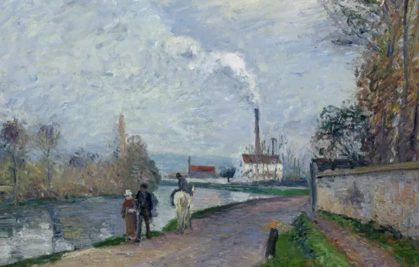 Landscape, house, river, smoke, picture, pipe, promenade, Camille Pissarro