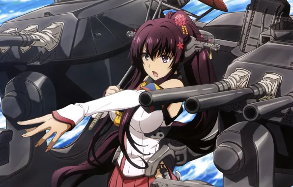 Girl, gun, weapon, big, war, umbrella, anime, brunette