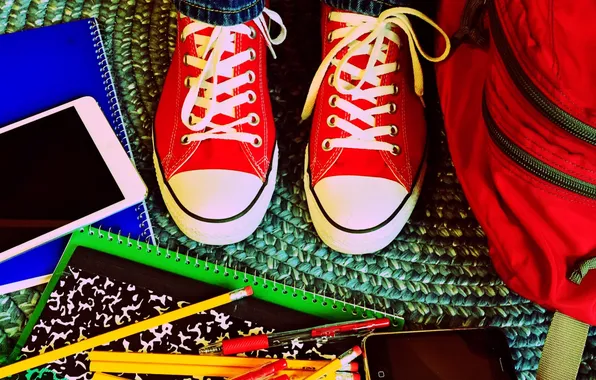 Picture sneakers, Notepad, pencil, backpack, smartphone, accessories