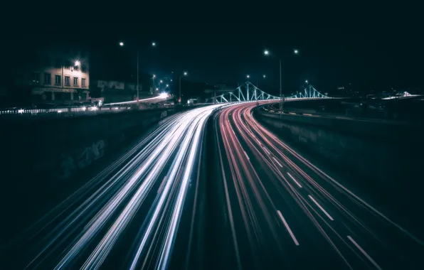 Picture lights, road, night