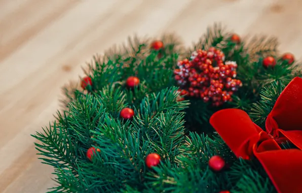 Branches, berries, table, holiday, Christmas, New year, bow, needles