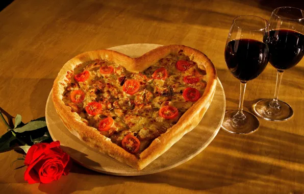 Wine, romance, heart, rose, pizza