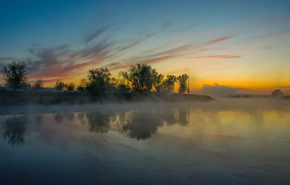 The sky, clouds, landscape, nature, river, dawn, fog over the water