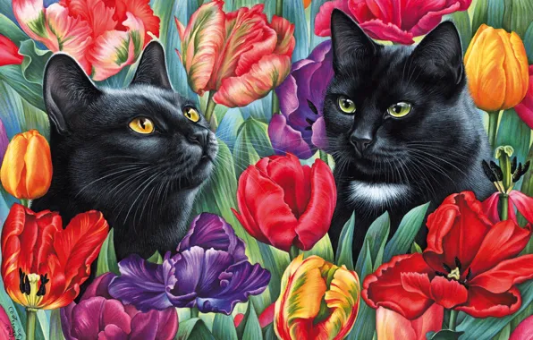 Picture flowers, picture, tulips, painting, Irina Garmashova, Cat among the tulips, black cats, two faces