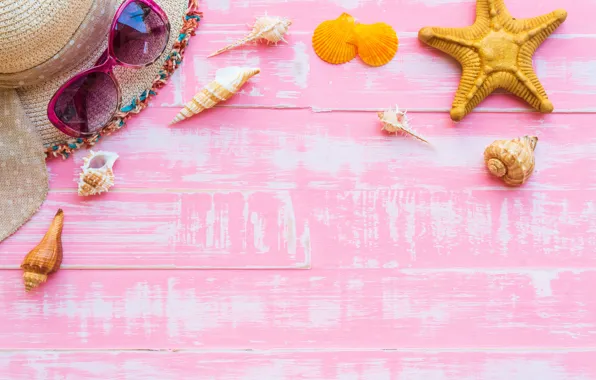 Stars, hat, glasses, shell, summer, beach, pink background, wood
