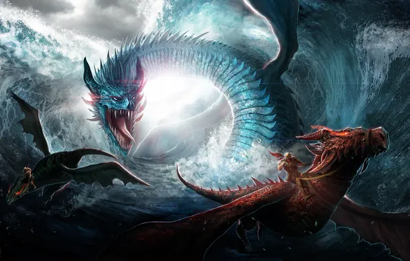 Sea, wave, storm, dragons, war, art, rider, giant