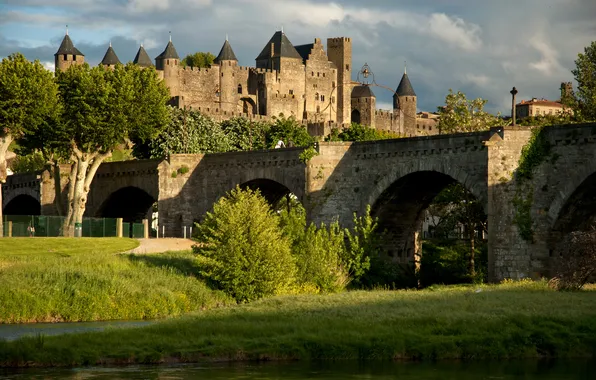 Greens, summer, the sun, bridge, river, castle, France, fortress