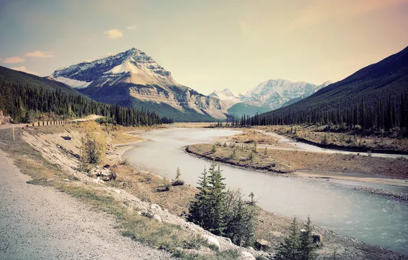 Road, forest, mountains, river