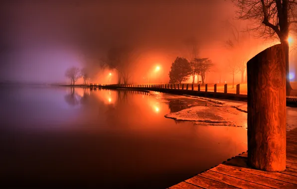 Trees, lights, fog, lake, Board, post, the evening, lights