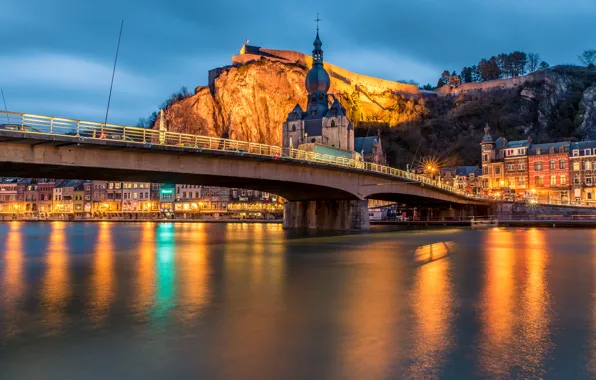 Night, bridge, the city, river, building, mountain, home, lighting