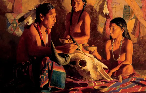 Skull, art, Indian, shaman, David Man, Buffalo Shaman