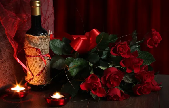 Picture wine, roses, bouquet, candles, Valentine's day