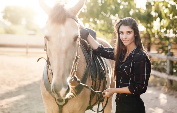 Look, girl, light, pose, smile, horse, foliage, horse