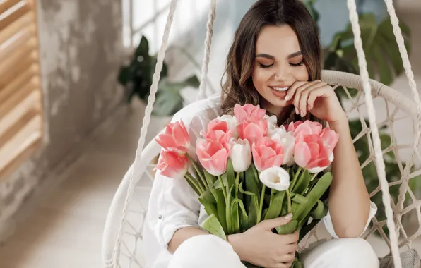Picture girl, joy, flowers, pose, eyelashes, smile, swing, room