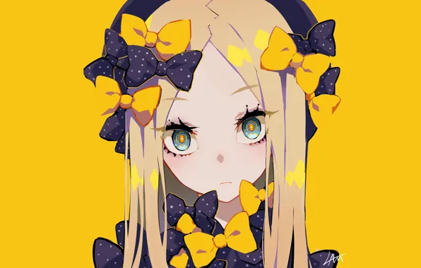 Anime, art, girl, yellow background, Fate Grand Order, The destiny of a great campaign, Abigail …