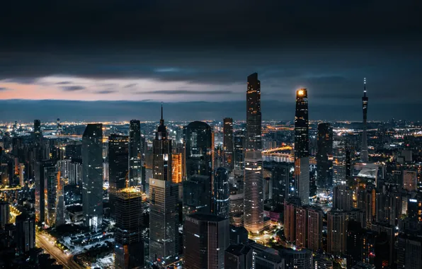 Road, night, clouds, the city, lights, the dark background, view, building