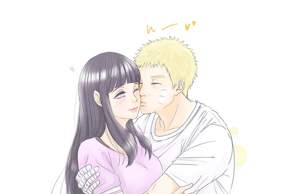 Love, kiss, pair, hearts, white background, Naruto, Naruto, Uzumaki Naruto