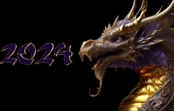 Face, dragon, figures, New year, black background, date, 2024, AI art