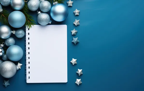Balls, paper, Shine, blue, Christmas, New year, Notepad, stars