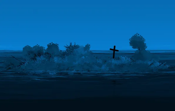 Water, island, cross, twilight
