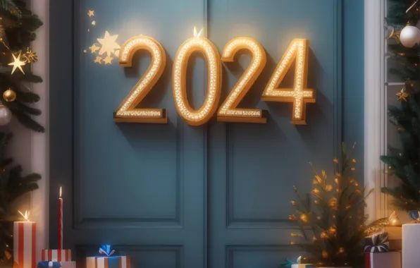 Winter, balls, snow, branches, lights, house, candles, door