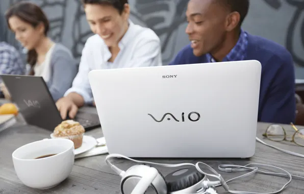 Macro, people, coffee, headphones, laptop, Sony, Vaio