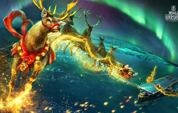 Picture sea, flight, ship, new year, Northern lights, fantasy, gifts, the carrier
