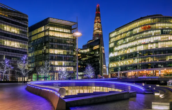 Trees, the city, lights, England, London, building, skyscraper, the evening