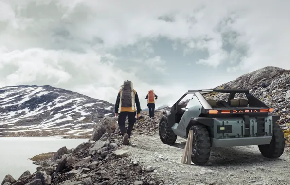 Picture Concept, Mountains, Two, Men, Back, Dacia, An environmentally efficient car, Environmentally efficient car