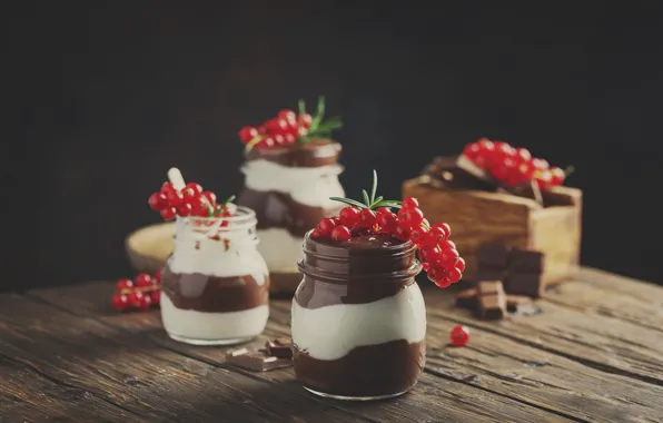 Picture white, berries, chocolate, jars, cream, dessert, currants, milk