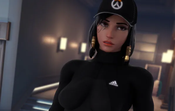 Chest, girl, beauty, cap, adidas, overwatch, pharah, Fareeha Amari