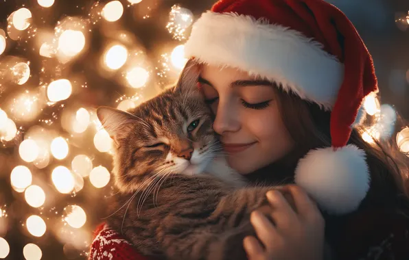 Cat, cat, girl, lights, Christmas, girl, New year, weasel
