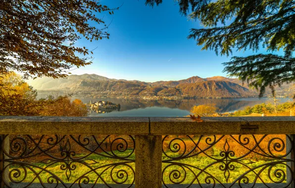 Mountains, branches, lake, view, island, Italy, Italy, the parapet