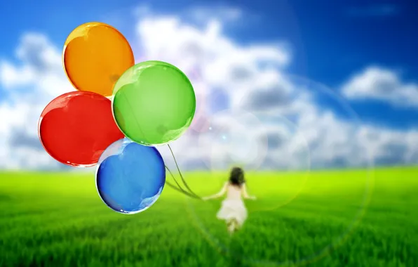 Picture greens, the sky, grass, girl, balls, nature, balloons, background