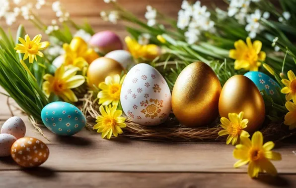 Flowers, eggs, spring, colorful, Easter, flowers, spring, Easter