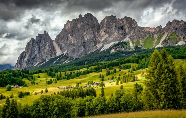 Picture landscape, mountains, clouds, nature, village, Italy, forest, The Dolomites