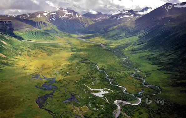 Snow, mountains, river, valley, Alaska, USA
