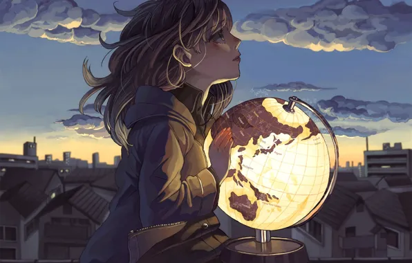 Picture the sky, girl, clouds, the city, home, anime, art, globe