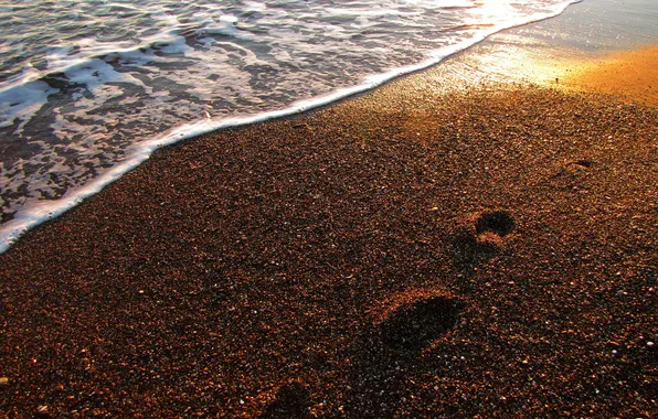 Foam, sunset, traces, pebbles, shore, wave, the evening, stones