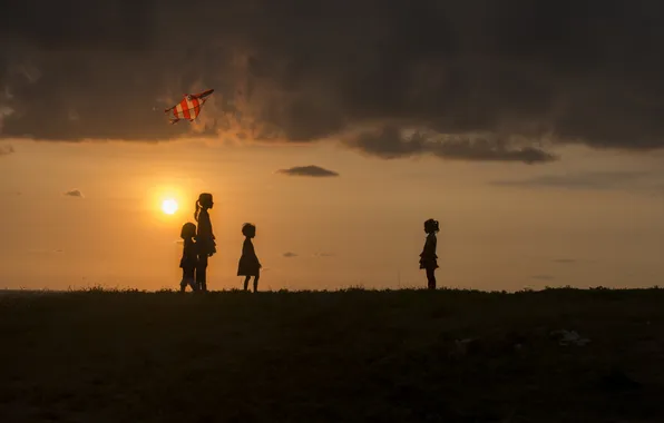 Sunset, children, the evening, silhouettes