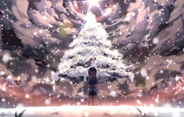 The sky, girl, stars, clouds, snow, tree