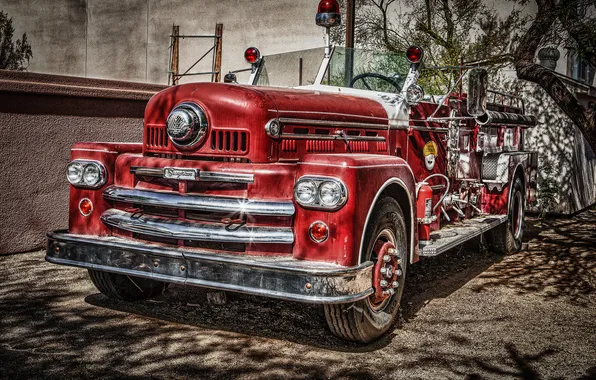 HDR, red, chrome, 1957, fire truck