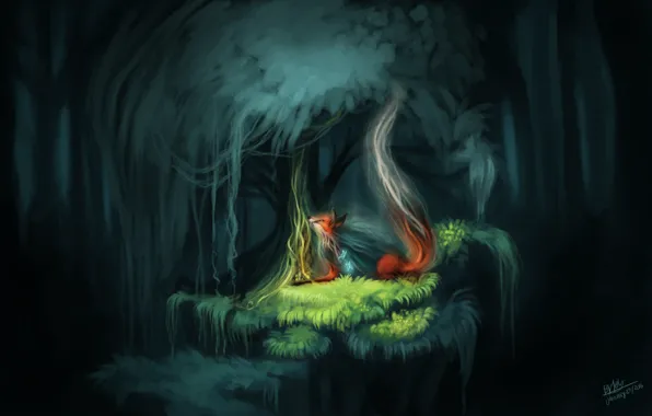 Forest, nature, butterfly, fantasy, Fox, by TehChan, the spirit of the forest