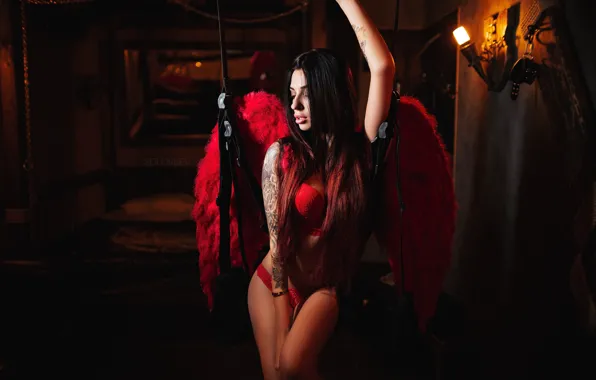 Chest, panties, linen, Girl, wings, figure, tattoo, image
