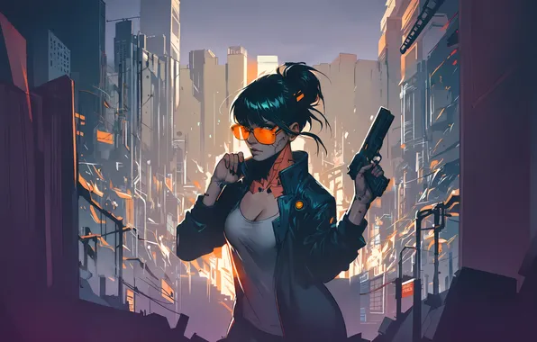 Picture the city, gun, figure, Girl, glasses