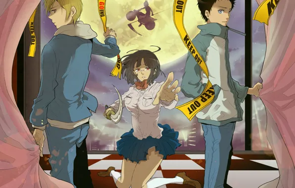 Katana, motorcycle, night city, the full moon, friends, students, on my knees, Durarara!!